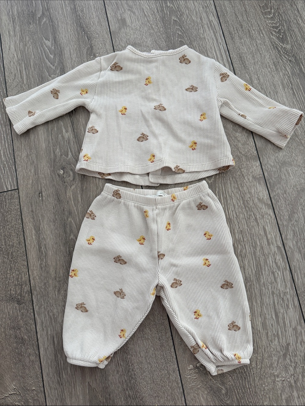 Zara Ivory Waffle Knit Pajama Set with Yellow & Brown Animal Prints
